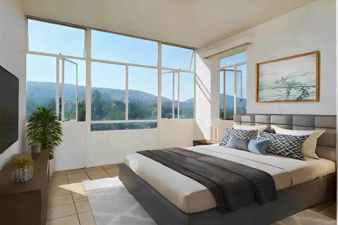 Virtually staged modern bedroom with a premium bed and stylish decor
