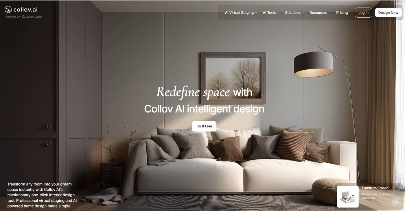 Collov AI listing media suite showing photo editing and virtual staging options