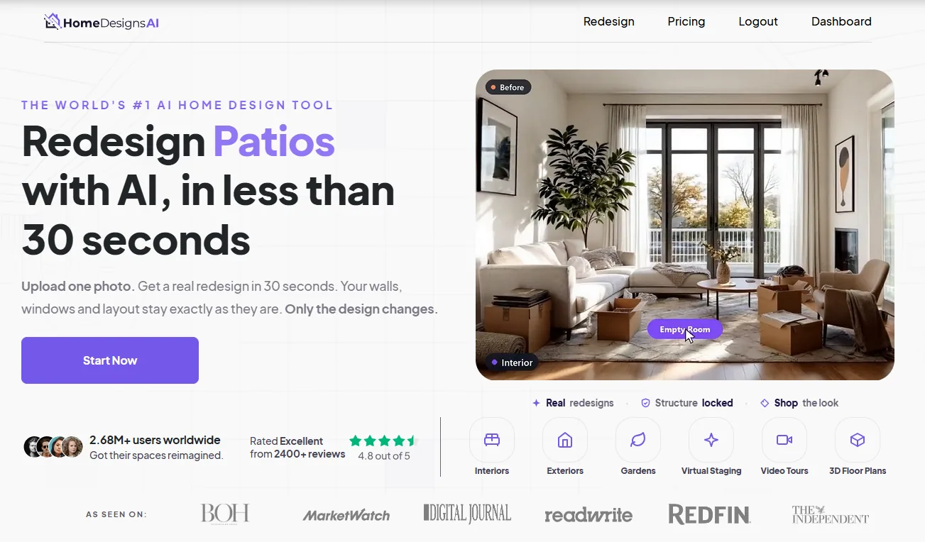 HomeDesigns.AI software interface showing interior staging and exterior design modules